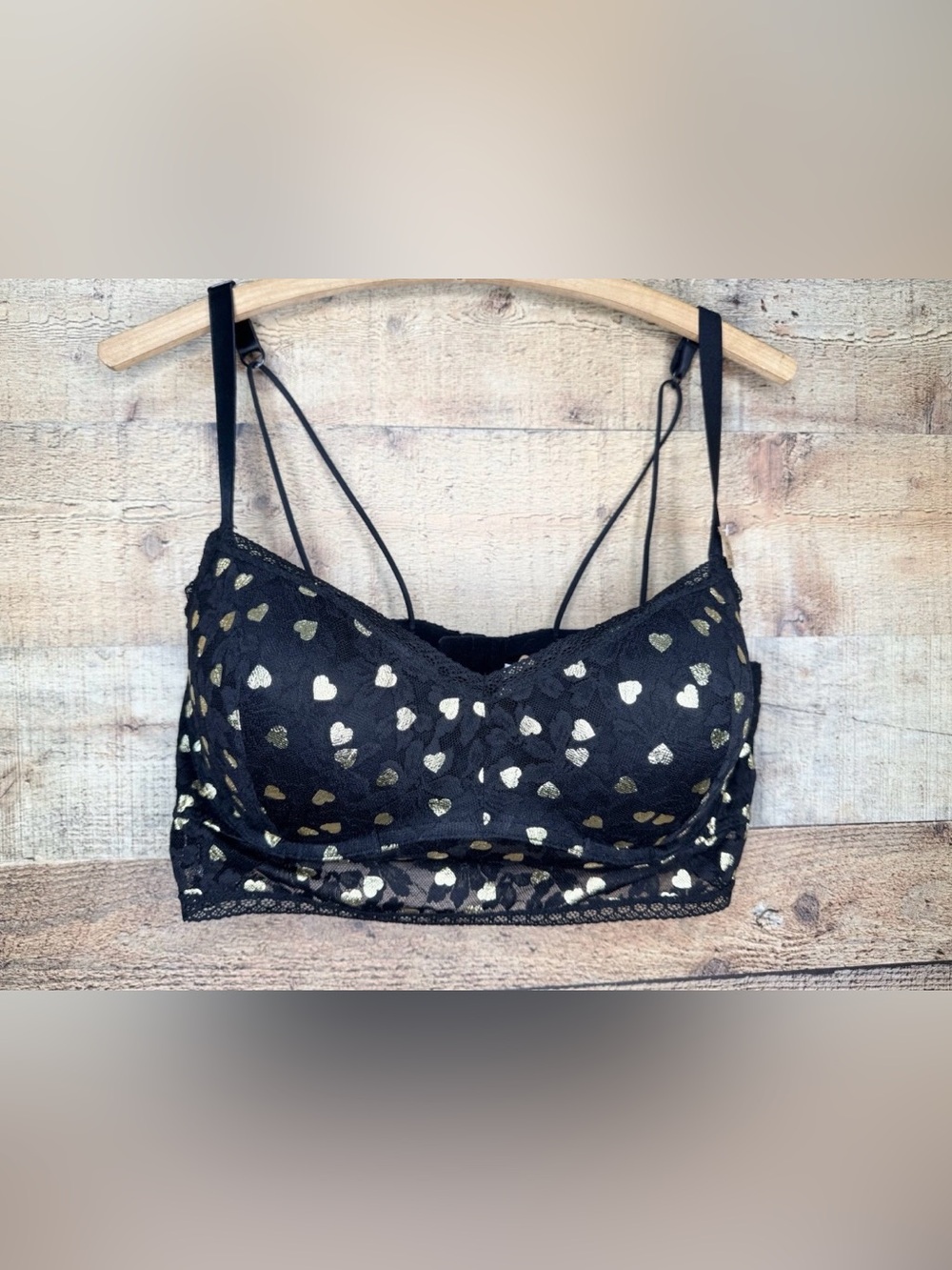 Victoria Secret PINK Bralette Bra XXL Push Up Black Gold Hearts Lace Underwire